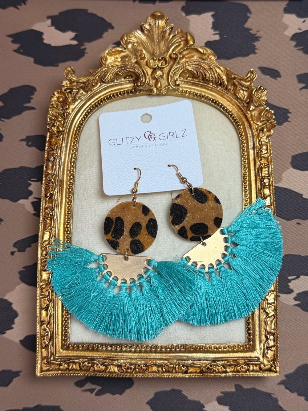 Glitzy Girlz Leopard Turquoise Tassel Statement Earrings NWT